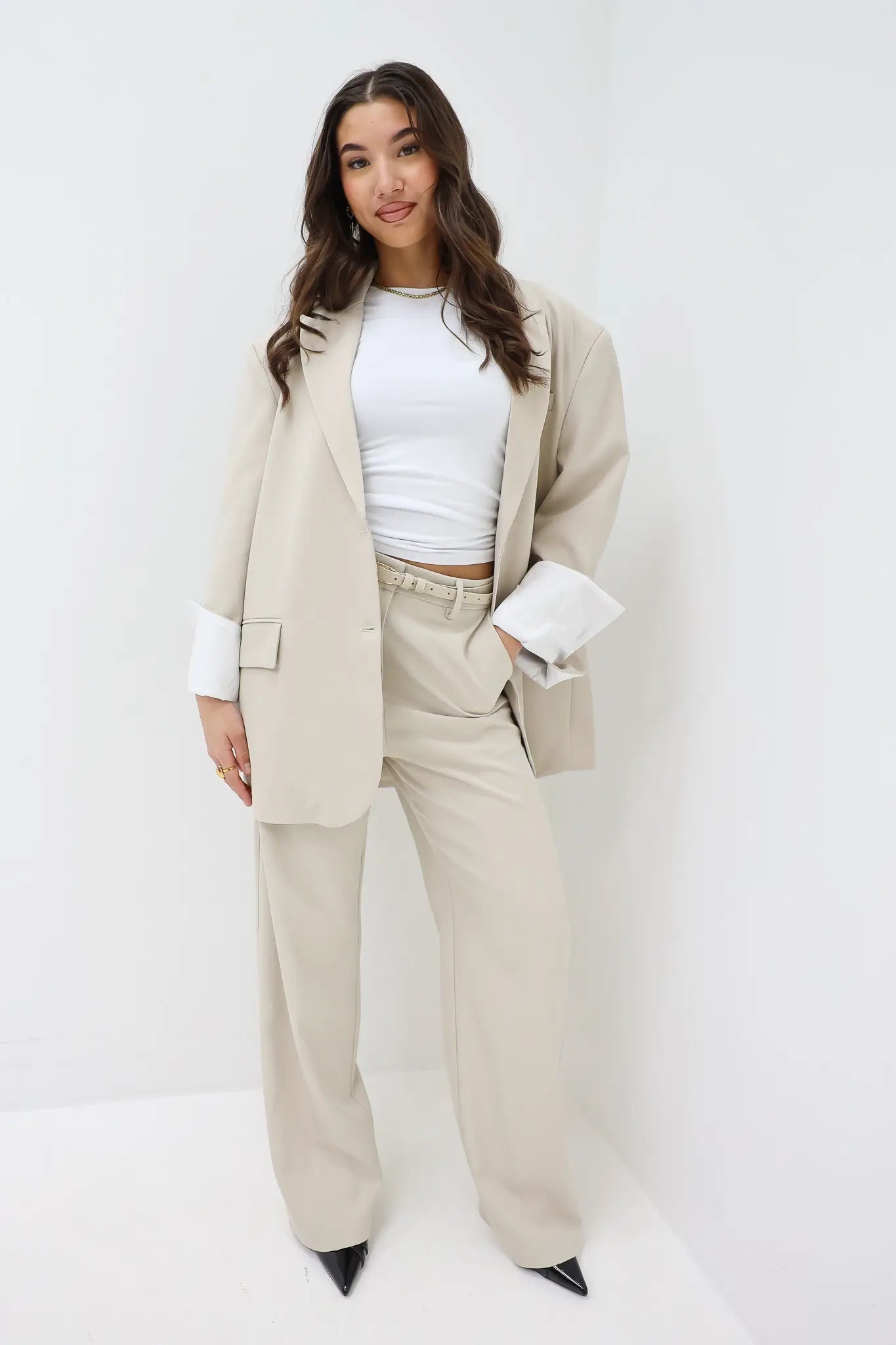 Straight Trousers Belt Beige