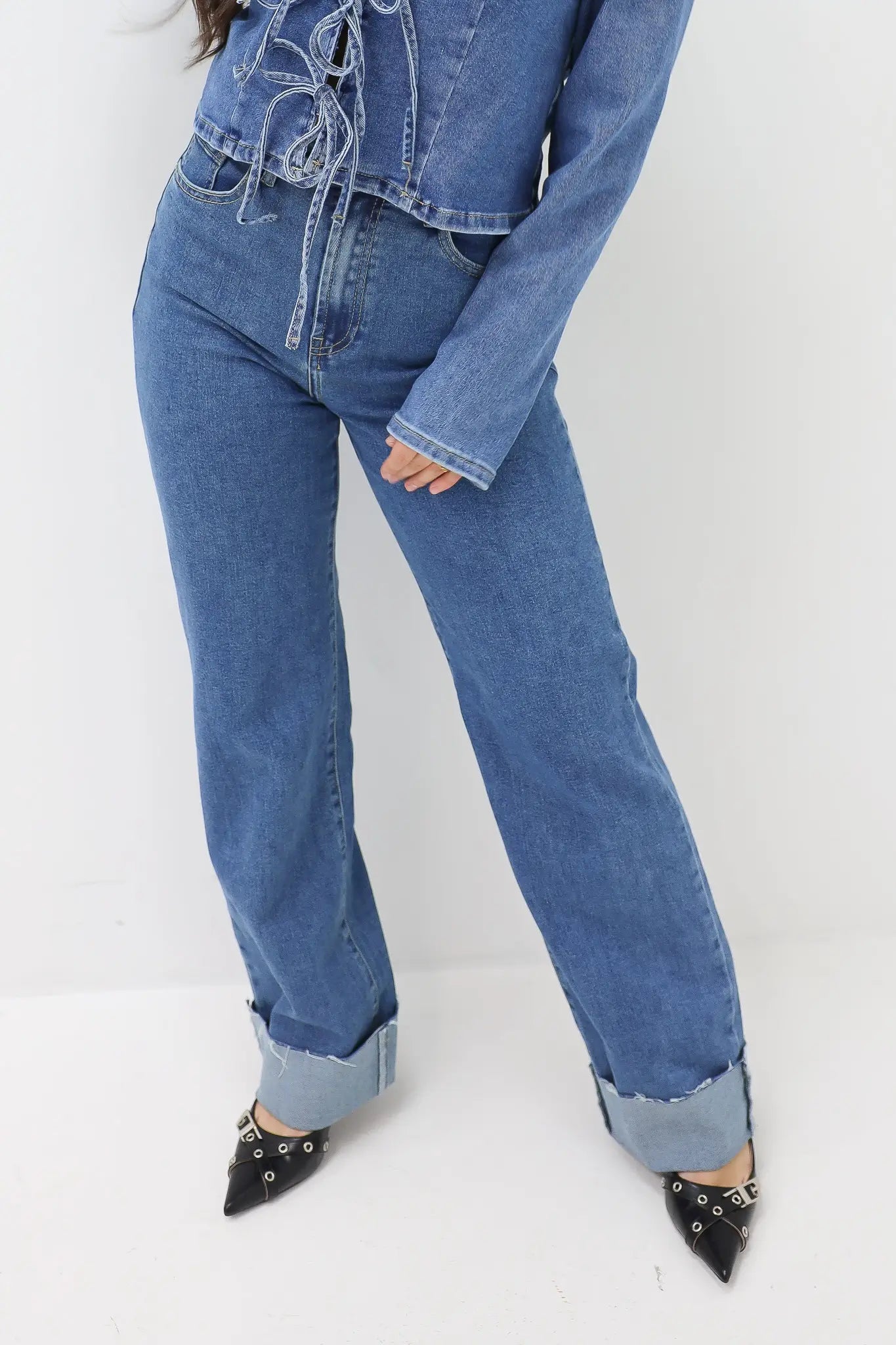 Straight Leg Folded Jeans Blue