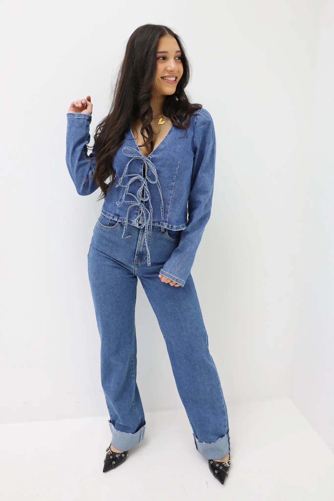 Straight Leg Folded Jeans Blue
