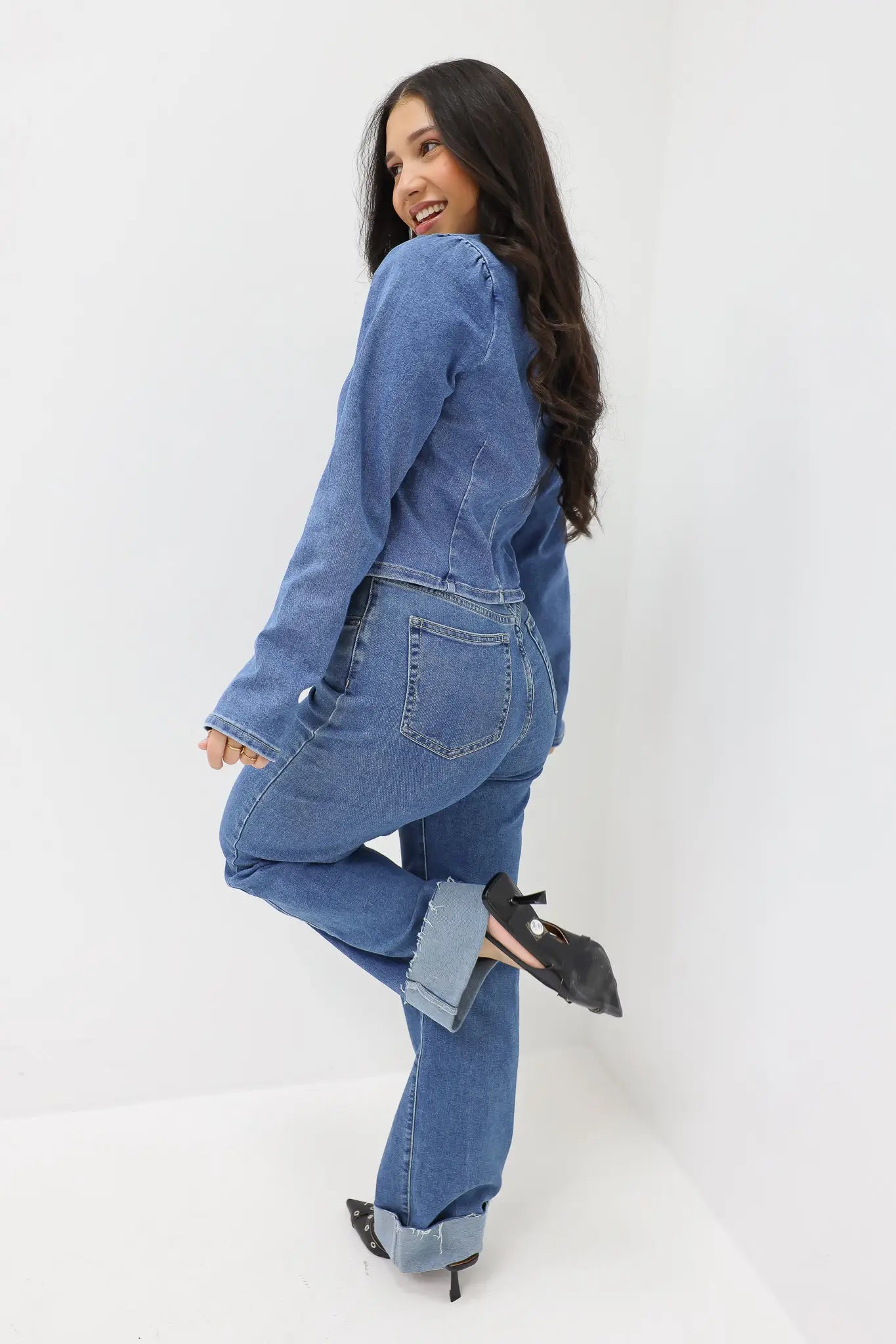 Straight Leg Folded Jeans Blue