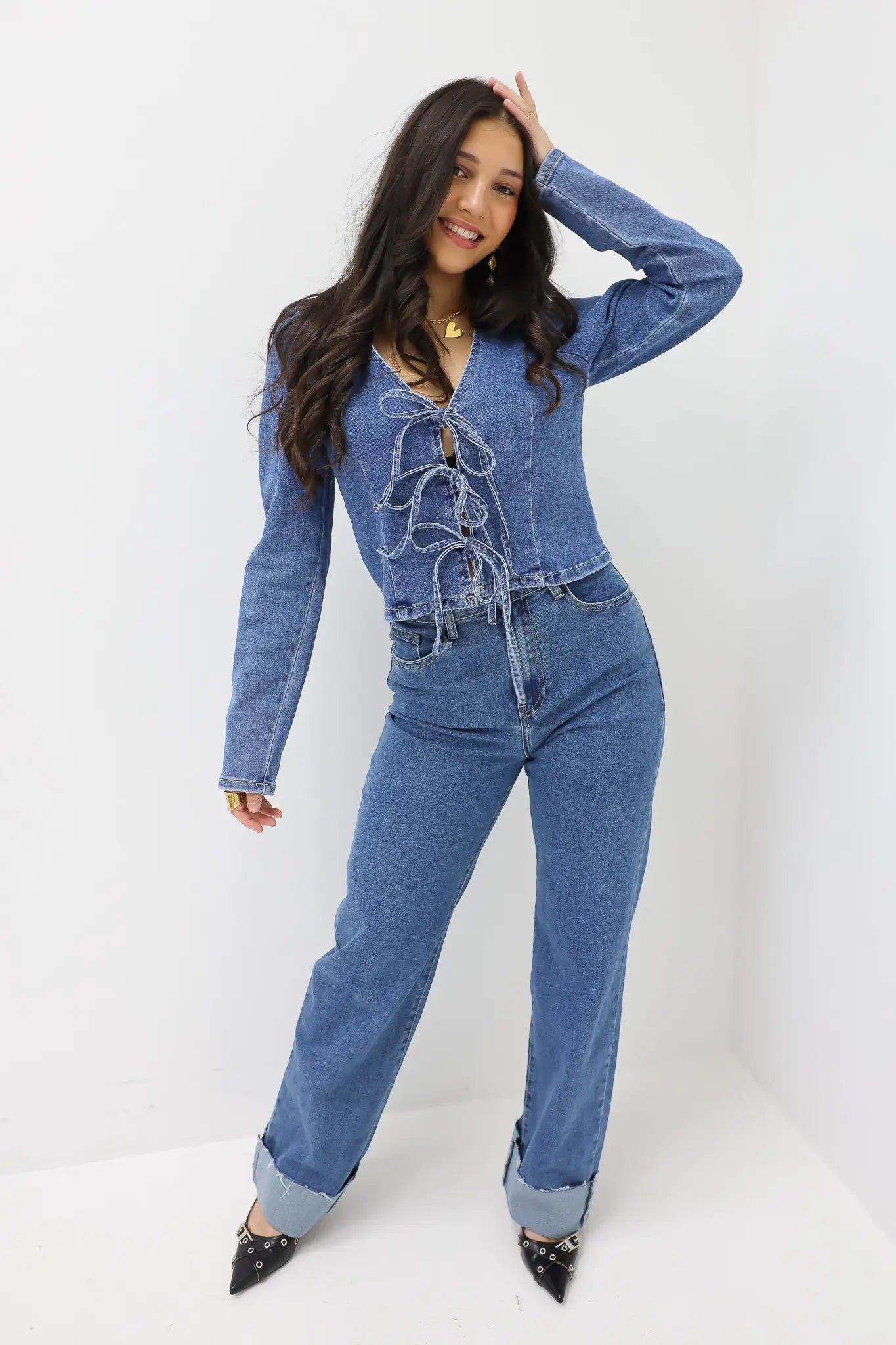 Straight Leg Folded Jeans Blue