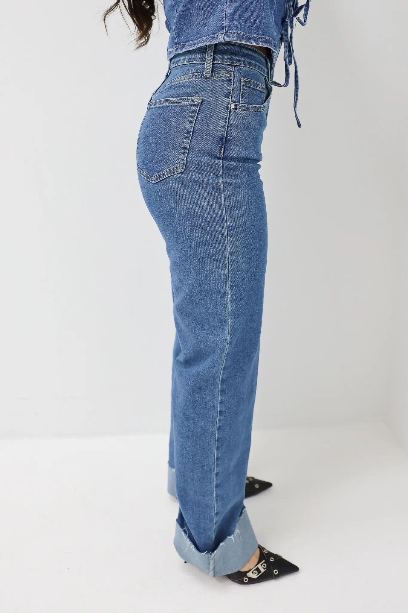 Straight Leg Folded Jeans Blue