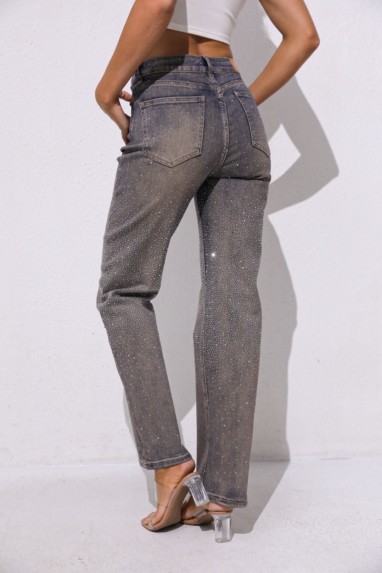 Straight Rhinestone Jeans Washed Brown