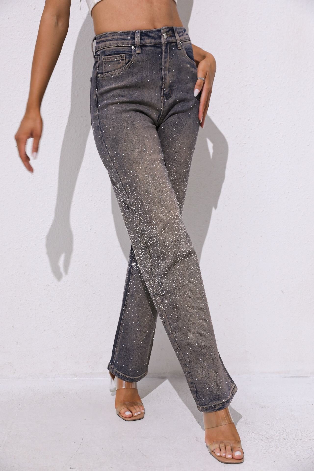 Straight Rhinestone Jeans Washed Brown