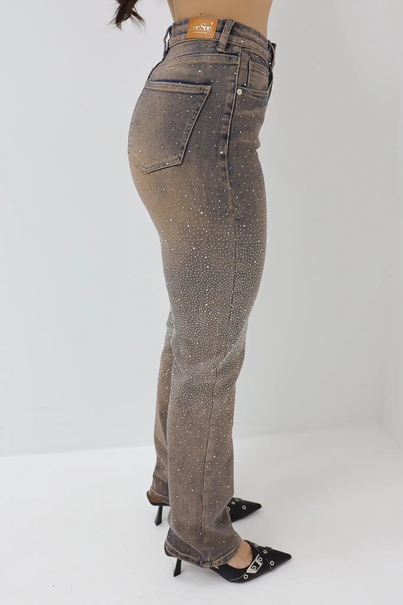 Straight Rhinestone Jeans Washed Brown